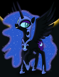 Size: 2153x2786 | Tagged: safe, artist:pustulioooooo, nightmare moon, alicorn, pony, g4, 2012, cute, eclipse, female, grin, high res, looking at you, mare, moonabetes, raised hoof, smiling, smiling at you, solo, spread wings, wings