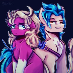 Size: 1500x1500 | Tagged: source needed, safe, artist:fraumflug, hitch trailblazer, sprout cloverleaf, earth pony, pony, g5, my little pony: a new generation, alternate hairstyle, cute, dark background, dreamworks face, gay, long mane male, looking at you, male, police, ship:clovertrail, shipping, smiling, stallion