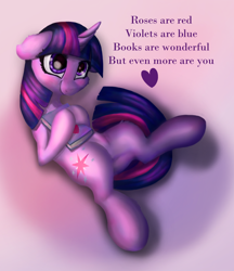 Size: 1270x1468 | Tagged: safe, artist:nuxersopus, twilight sparkle, pony, unicorn, g4, book, female, floppy ears, heart, lying down, mare, on back, rhyme, smiling, solo, text, unicorn twilight