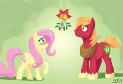 Size: 1300x889 | Tagged: safe, artist:johnjoseco, color edit, edit, big macintosh, fluttershy, earth pony, pegasus, pony, g4, bell, blushing, colored, colored sketch, female, male, mare, mistletoe, raised hoof, ship:fluttermac, shipping, sketch, stallion, straight