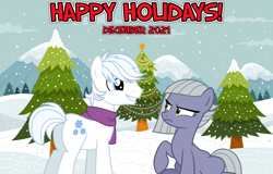 Size: 2064x1321 | Tagged: safe, anonymous artist, artist:dashiesparkle, artist:tomfraggle, double diamond, limestone pie, earth pony, pony, g4, 2021, butt, christmas, christmas tree, clothes, december, female, flirting, frown, happy holidays, hearth's warming, holiday, limediamond, limestone pie is not amused, looking at each other, looking at someone, lyrics in the description, male, mare, mountain, not sure if want, plot, scarf, smiling, snow, snowfall, stallion, tree, winter wonderland, youtube link in the description