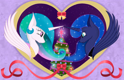 Size: 3881x2500 | Tagged: source needed, safe, artist:xodok, princess celestia, princess luna, alicorn, pony, series:ponyashnost, g4, christmas, christmas tree, cutie mark, duo, element of generosity, element of honesty, element of kindness, element of laughter, element of loyalty, element of magic, elements of harmony, female, high res, holiday, looking at each other, looking at someone, new year, royal sisters, siblings, sisters, smiling, tree