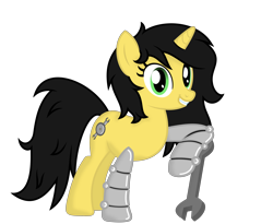 Size: 4480x3665 | Tagged: safe, artist:dtavs.exe, oc, oc:gadget steelmare, cyborg, pony, unicorn, 2022 community collab, derpibooru community collaboration, cybernetic legs, female, horn, mare, prosthetics, show accurate, simple background, solo, transparent background, unicorn oc, wrench