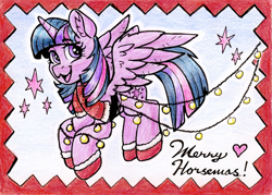 Size: 2045x1462 | Tagged: safe, artist:dandy, twilight sparkle, alicorn, pony, g4, boots, christmas, clothes, colored pencil drawing, ear fluff, female, heart, holiday, horn, looking at you, mare, open mouth, scarf, shoes, solo, text, traditional art, twilight sparkle (alicorn), wings