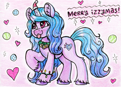 Size: 2047x1476 | Tagged: safe, artist:dandy, izzy moonbow, pony, unicorn, g5, my little pony: a new generation, :p, ball, bells, bracelet, christmas, christmas lights, colored pencil drawing, cute, ear fluff, female, hat, heart, holiday, horn, horn cap, izzybetes, jewelry, jingle bells, mare, one eye closed, santa hat, solo, tennis ball, text, tongue out, traditional art, unshorn fetlocks, wreath