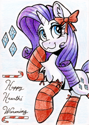 Size: 1471x2054 | Tagged: safe, artist:dandy, pony, unicorn, g4, :3, chest fluff, christmas, clothes, colored pencil drawing, ear fluff, eyeshadow, female, holiday, horn, makeup, mare, ribbon, socks, solo, stockings, striped socks, text, thigh highs, traditional art