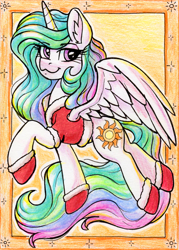 Size: 1467x2052 | Tagged: safe, artist:dandy, princess celestia, alicorn, pony, g4, :3, boots, christmas, clothes, colored pencil drawing, ear fluff, eyeshadow, female, holiday, horn, looking at you, makeup, mare, shoes, solo, traditional art, wings