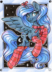 Size: 1473x2054 | Tagged: safe, artist:dandy, princess luna, alicorn, pony, g4, :3, belt, bow, christmas, clothes, colored pencil drawing, ear fluff, eyeshadow, female, holiday, horn, horn bow, looking at you, makeup, mare, socks, solo, stockings, striped socks, thigh highs, traditional art, wings