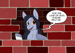 Size: 1694x1200 | Tagged: safe, artist:cosmalumi, oc, oc only, pony, brick wall, chest fluff, commission, commissioner:reversalmushroom, crossover, edgar allan poe, female, immurement, mare, meme, open mouth, parody, ponified meme, raised hoof, smiling, solo, the cask of amontillado, underhoof