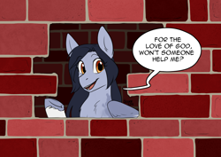 Size: 1694x1200 | Tagged: safe, alternate version, artist:cosmalumi, pony, brick wall, chest fluff, commission, edgar allan poe, female, immurement, mare, meme, open mouth, parody, ponified meme, raised hoof, smiling, solo, the cask of amontillado, underhoof