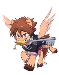 Size: 1056x1344 | Tagged: safe, artist:fanzeem, pegasus, pony, fanfic:kingdom hearts of harmony, clothes, commission, disney, keyblade, kingdom hearts, kingdom hearts of harmony, male, mouth hold, ponified, running, simple background, smiling, solo, sora, spread wings, stallion, weapon, white background, wings