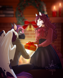 Size: 2206x2708 | Tagged: safe, artist:askbubblelee, oc, oc only, oc:marionette, oc:orpheus, bat pony, earth pony, anthro, unguligrade anthro, anthro oc, bat pony oc, christmas, clothes, digital art, duo, earth pony oc, female, fireplace, friends, hearth's warming, high res, holiday, male, mare, mask, present, smiling, stallion, story in the source, wreath