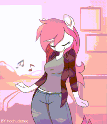 Size: 1106x1280 | Tagged: safe, artist:hochudeneg, oc, oc only, oc:bubblegum kiss, unicorn, anthro, animated, breasts, clothes, commission, dancing, desk, eyes closed, female, flannel, gif, horn, jeans, long hair, music notes, pants, pink mane, shirt, smiling, solo, t-shirt, tail