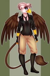 Size: 844x1280 | Tagged: safe, artist:bumblebun, oc, oc:iris ironhide, griffon, anthro, beak, boots, clothes, female, fingerless gloves, gloves, griffon oc, police officer, police uniform, shoes