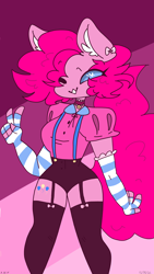 Size: 1152x2048 | Tagged: safe, artist:skittywanuskitz, pinkie pie, earth pony, anthro, g4, blouse, bow, choker, clothes, ear fluff, evening gloves, female, fingerless elbow gloves, fingerless gloves, garter belt, garters, gloves, long gloves, long hair, looking at you, no nose, no pupils, one eye closed, peace sign, puffy sleeves, smiling, smiling at you, socks, solo, stockings, striped gloves, suspenders, thigh highs, wink, winking at you, zettai ryouiki
