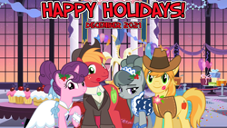 Size: 2064x1161 | Tagged: safe, anonymous artist, artist:floppychiptunes, artist:jhayarr23, edit, big macintosh, braeburn, marble pie, sugar belle, earth pony, pony, unicorn, g4, 2021, boutonnière, boyfriend and girlfriend, braeble, canterlot, christmas, clothes, couple, cousins, cowboy hat, december, decoration, dress, dress shirt, female, formal wear, friends, friendship, gala, gala dress, happy holidays, hat, hearth's warming, holiday, holly, husband and wife, kiss mark, lipstick, lyrics in the description, male, mare, new year, new years eve, party, ship:sugarmac, shipping, shirt, smiling, stallion, stetson, straight, youtube link in the description