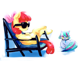 Size: 1280x1015 | Tagged: safe, artist:mirululu, apple bloom, oc, oc:turquiose scale, cat, earth pony, pony, g4, beach chair, chair, duo, female, filly, foal, sunglasses