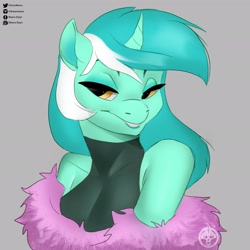 Size: 2048x2048 | Tagged: safe, artist:maàra djayt, lyra heartstrings, unicorn, anthro, g4, bust, female, gray background, high res, lidded eyes, simple background, solo