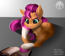 Size: 1261x1083 | Tagged: safe, artist:maàra djayt, sunny starscout, earth pony, pony, g5, my little pony: a new generation, :p, book, coat markings, female, fluffy, mare, reading, socks (coat markings), solo, tongue out