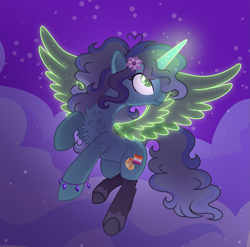 Size: 2205x2180 | Tagged: safe, artist:xxcheerupxxx, oc, oc:savannah london, pony, unicorn, artificial wings, artists palette, augmented, bracelet, chest fluff, clothes, female, flower, flower in hair, flying, gemstones, glowing, glowing horn, glowing wings, green eyes, high res, horn, jewelry, lesbian pride flag, magic, magic wings, mare, mottled coat, night, night sky, pride, pride flag, sky, smiling, socks, solo, tail, two toned tail, wings