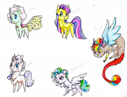 Size: 2076x1586 | Tagged: safe, artist:ask-y, oc, oc only, changeling, draconequus, pegasus, pony, unicorn, changeling oc, draconequus oc, female, horn, interspecies offspring, magical lesbian spawn, mare, offspring, one eye closed, parent:applejack, parent:discord, parent:fluttershy, parent:pinkie pie, parent:rainbow dash, parent:rarity, parent:starlight glimmer, parent:thorax, parent:twilight sparkle, parents:discodash, parents:rarijack, parents:twishy, pegasus oc, raised hoof, smiling, traditional art, unicorn oc, wings, wink