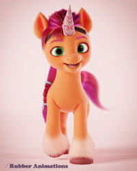 Size: 1024x1280 | Tagged: safe, artist:rubber, sunny starscout, earth pony, pony, g5, my little pony: a new generation, 3d, 3d model, cute, fake horn, filly, filly sunny starscout, looking at you, open mouth, open smile, smiling, smiling at you, solo, sunnybetes, younger