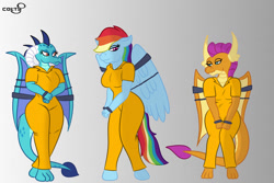 Size: 1280x853 | Tagged: safe, artist:colty8, princess ember, rainbow dash, smolder, anthro, unguligrade anthro, g4, bound wings, clothes, cuffs, jumpsuit, prison outfit, prisoner ember, prisoner rd, prisoner smolder, wings