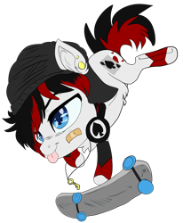 Size: 2224x2696 | Tagged: safe, artist:malicious-demi, oc, oc only, oc:acial spade, earth pony, pony, balancing, bandage, chibi, earth pony oc, fanfic art, high res, jewelry, male, necklace, not blackjack, simple background, skateboard, solo, stallion, transparent background