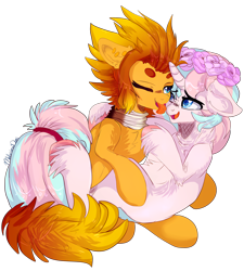 Size: 2324x2580 | Tagged: safe, artist:malicious-demi, oc, oc only, earth pony, pony, unicorn, bridal carry, carrying, earth pony oc, floral head wreath, flower, high res, horn, oc x oc, shipping, simple background, transparent background, unicorn oc
