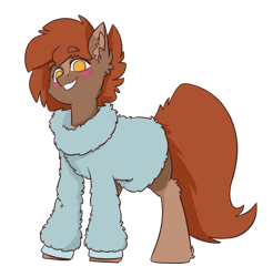 Size: 1779x1806 | Tagged: safe, artist:sneetymist, oc, oc only, oc:soft coffee, earth pony, pony, 2022 community collab, derpibooru community collaboration, blushing, bottomless, clothes, coat markings, earth pony oc, facial markings, female, fluffy, fluffy sweater, full body, mare, partial nudity, simple background, smiling, socks (coat markings), solo, standing, sweater, transparent background