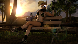 Size: 3840x2160 | Tagged: safe, artist:dawnypegasussfm, oc, oc only, oc:nikytaequeen, donkey, anthro, 3d, belly button, bench, breasts, chillaxing, clothes, commissioner:nickyequeen, energy drink, female, headphones, high res, monster energy, park, relaxing, running shoes, solo, sunset, tree