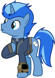 Size: 4000x5716 | Tagged: safe, artist:php170, oc, oc only, oc:quoterific, pony, unicorn, fallout equestria, absurd resolution, clothes, fallout, hoof on chest, horn, jumpsuit, male, pipboy, ponytail, simple background, solo, stallion, tail, transparent background, unicorn oc, vault suit, vector