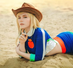 Size: 1080x1013 | Tagged: safe, applejack, human, equestria girls, g4, applejack's beach shorts swimsuit, clothes, cosplay, costume, cowboy hat, hat, irl, irl human, photo