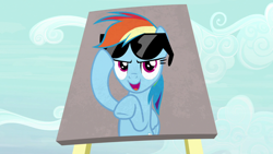 Size: 1280x720 | Tagged: safe, screencap, rainbow dash, pegasus, pony, fame and misfortune, g4, billboard, female, open mouth, solo, sunglasses, we're not flawless