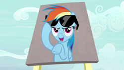 Size: 1280x720 | Tagged: safe, screencap, rainbow dash, pegasus, pony, fame and misfortune, g4, my little pony: friendship is magic, billboard, female, open mouth, solo, sunglasses, we're not flawless