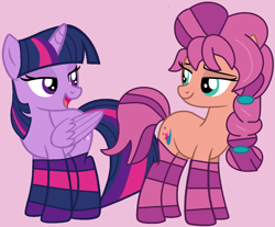 Size: 1504x1248 | Tagged: safe, artist:iambrillancethepg, artist:jadeharmony, sunny starscout, twilight sparkle, alicorn, earth pony, pony, g5, my little pony: a new generation, base used, clothes, duo, female, looking at each other, looking at someone, mare, open mouth, pink background, show accurate, simple background, socks, striped socks, sunny and her heroine, twilight sparkle (alicorn)