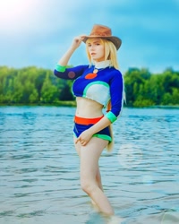 Size: 1080x1350 | Tagged: safe, applejack, human, equestria girls, g4, applejack's beach shorts swimsuit, belly button, breasts, clothes, cosplay, costume, cowboy hat, hat, irl, irl human, photo