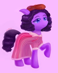 Size: 1592x1989 | Tagged: safe, artist:laurasrxfgcc, oc, oc only, earth pony, pony, curly mane, human to pony, pink background, simple background, solo