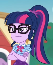 Size: 1501x1830 | Tagged: safe, screencap, sci-twi, twilight sparkle, human, equestria girls, equestria girls specials, g4, my little pony equestria girls: better together, my little pony equestria girls: holidays unwrapped, the cider louse fools, cropped, crossed arms, female, geode of telekinesis, glasses, magical geodes, ponytail, smiling, smirk, smug, smuglight sparkle, solo