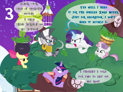 Size: 1280x960 | Tagged: safe, artist:bronybyexception, artist:cheezedoodle96, artist:daafroman, artist:jeatz-axl, artist:slb94, artist:sollace, artist:somepony, artist:soren-the-owl, artist:stinkehund, artist:uxyd, edit, apple bloom, rarity, sweetie belle, twilight sparkle, zecora, earth pony, pony, unicorn, zebra, g4, 3, advent calendar, apple bloom is not amused, bucket, cauldron, christmas, dexterous hooves, dialogue, female, fight, filly, golden oaks library, holiday, hoof hold, magic, mare, mistletoe, puffy cheeks, rooftop, sickle, snow, snowfall, this will end in poisoning, unamused, unicorn twilight, yelling