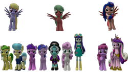 Size: 1280x720 | Tagged: safe, artist:topsangtheman, amethyst star, apple fritter, berry punch, berryshine, blueberry cake, cinnamon swirl, cloud kicker, cornetta, golden hooves (g4), princess cadance, sea swirl, seafoam, sparkler, twinkleshine, oc, oc:pearl shine, alicorn, earth pony, pegasus, pony, unicorn, equestria girls, g4, 3d, apple family member, looking at you, missing pony, nation ponies, philippines, simple background, source filmmaker, transparent background