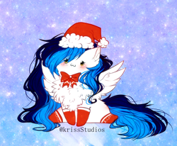 Size: 2404x1978 | Tagged: safe, artist:krissstudios, oc, oc only, oc:blue star, pegasus, pony, chest fluff, chibi, christmas, clothes, female, hat, holiday, mare, santa hat, socks, solo