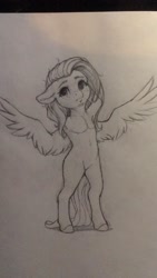 Size: 1152x2048 | Tagged: safe, artist:miokomata, fluttershy, pegasus, semi-anthro, g4, arm behind head, armpits, female, floppy ears, freckles, freckleshy, grayscale, looking away, mare, monochrome, pencil drawing, solo, spread wings, traditional art, wings