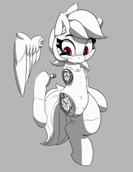 Size: 2617x3379 | Tagged: safe, artist:pabbley, rainbow dash, pegasus, pony, robot, robot pony, g4, belly button, female, gray background, grayscale, high res, mare, modular, monochrome, partial color, rainbot dash, roboticization, simple background, solo, wide hips