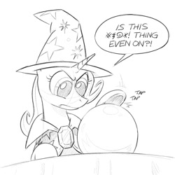 Size: 900x900 | Tagged: safe, artist:mellodillo, trixie, pony, unicorn, g4, brooch, cape, censored, censored vulgarity, clasp, clothes, crystal ball, female, grawlixes, grayscale, hat, jewelry, mare, monochrome, orb, pondering my orb, sketch, solo, speech bubble, swearing, trixie's brooch, trixie's cape, trixie's hat, underhoof