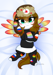 Size: 3064x4338 | Tagged: safe, artist:2pandita, oc, oc only, pegasus, pony, clothes, colored wings, female, hat, mare, multicolored wings, socks, solo, sticker, sweater, ushanka, wings