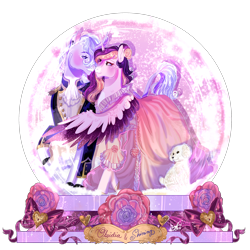 Size: 2500x2500 | Tagged: safe, artist:bunnari, oc, oc only, oc:obsidia, oc:shining, alicorn, dog, pony, unicorn, clothes, colored wings, dress, female, high res, male, mare, plushie, puppy, simple background, snow globe, stallion, transparent background, two toned wings, wings