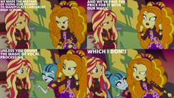 Size: 1280x720 | Tagged: safe, edit, edited screencap, editor:quoterific, screencap, adagio dazzle, sonata dusk, sunset shimmer, equestria girls, equestria girls specials, g4, my little pony equestria girls: better together, my little pony equestria girls: sunset's backstage pass, clothes, crossed arms, eyes closed, female, geode of empathy, jacket, magical geodes, music festival outfit, open mouth, open smile, shrunken pupils, smiling