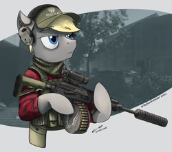 Size: 1920x1700 | Tagged: safe, artist:buckweiser, oc, oc only, earth pony, semi-anthro, arm hooves, cap, escape from tarkov, gun, hat, lidded eyes, rifle, shotgun, solo, suppressor, weapon