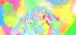 Size: 4096x1900 | Tagged: safe, artist:sugarfrogg_, kotobukiya, earth pony, human, pony, anime, happy, hatsune miku, kotobukiya hatsune miku pony, microphone, music notes, ponified, self paradox, self ponidox, singing, smiling, vocaloid